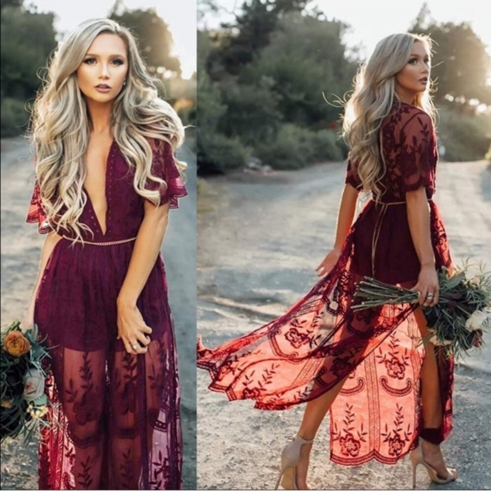 Wild Honey Lace Maxi Dress in Wine size Medium